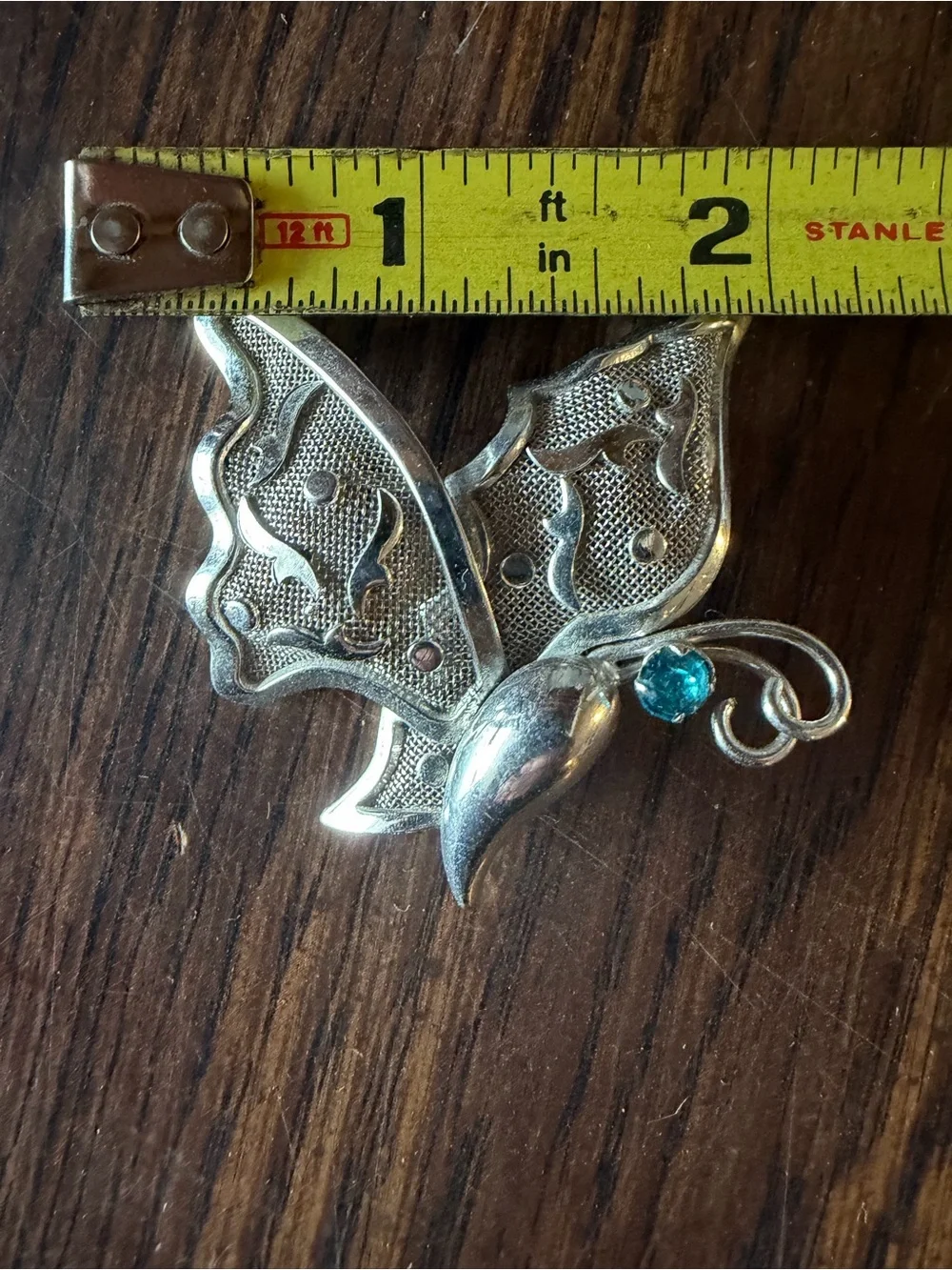 Silver-Tone Filigree Butterfly Pendant with Teal Stone